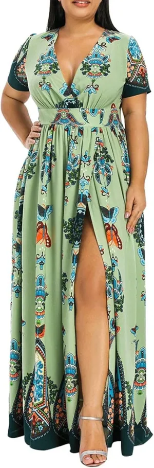 Plus Size Fashion Women Butterfly Printed V-Neck Short Sleeve Casual Long Dress