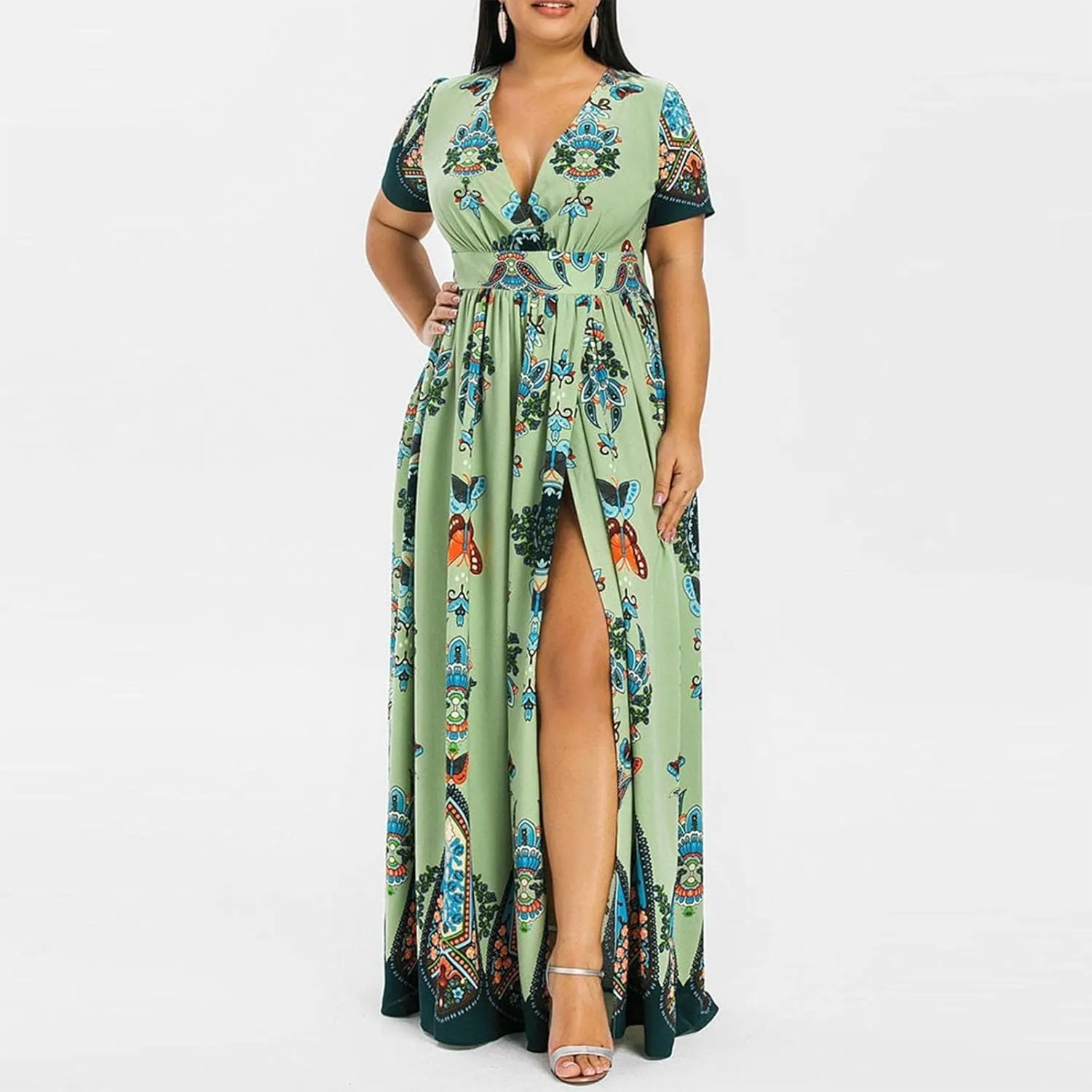 Plus Size Fashion Women Butterfly Printed V-Neck Short Sleeve Casual Long Dress