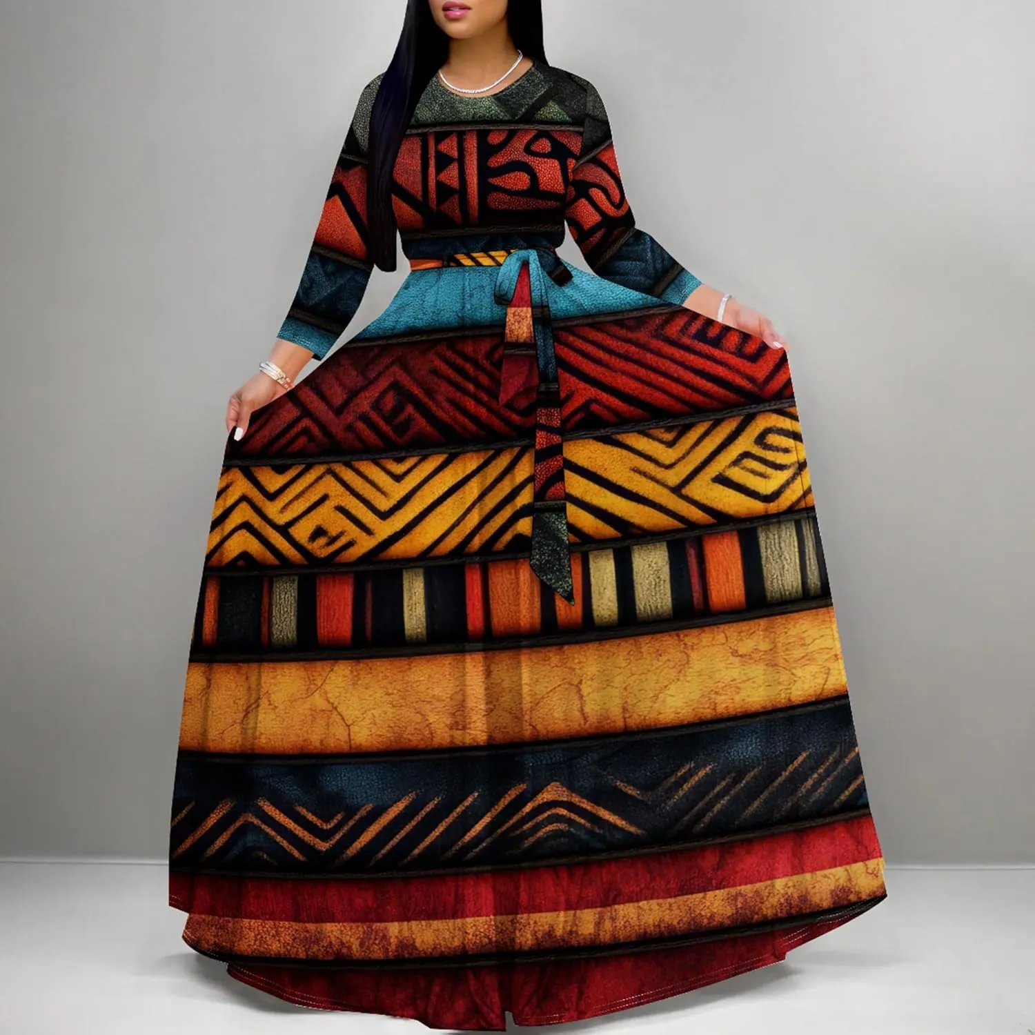 Plus Size Maxi Dresses for Curvy Women Casual Long Sleeve Crewneck Wrap Floor Length Dress with Belt