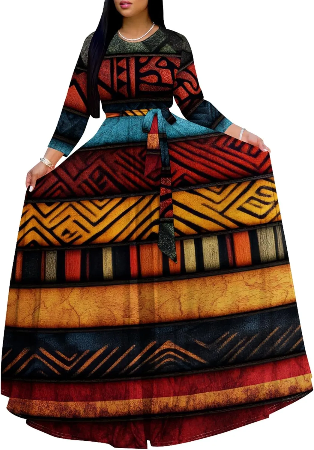 Plus Size Maxi Dresses for Curvy Women Casual Long Sleeve Crewneck Wrap Floor Length Dress with Belt
