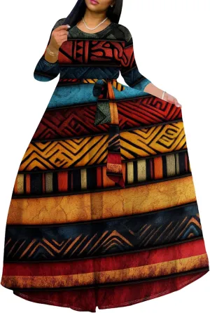 Plus Size Maxi Dresses for Curvy Women Casual Long Sleeve Crewneck Wrap Floor Length Dress with Belt