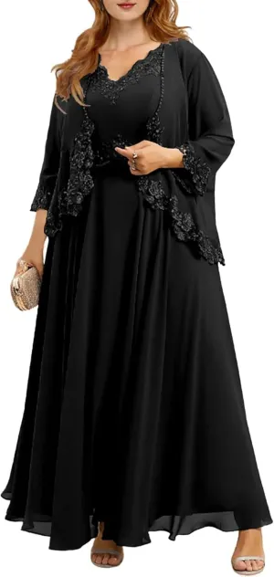 Plus Size Mother of The Bride Dresses for Wedding 2 Pieces Chiffon Ruffled Formal Dress with Jacket YB40