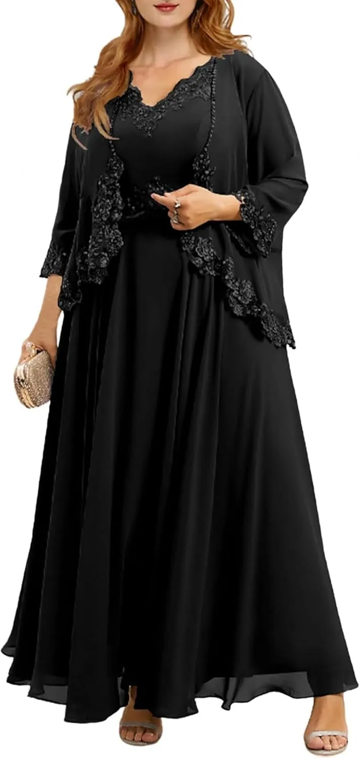 Plus Size Mother of The Bride Dresses for Wedding 2 Pieces Chiffon Ruffled Formal Dress with Jacket YB40