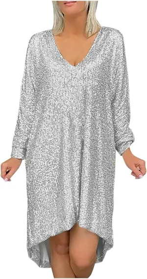 Plus Size Sequin Dress for Women Oversized Flowy Sparkly Knee Shirt Dress Glitter Ball Party Night Concert Clubwear