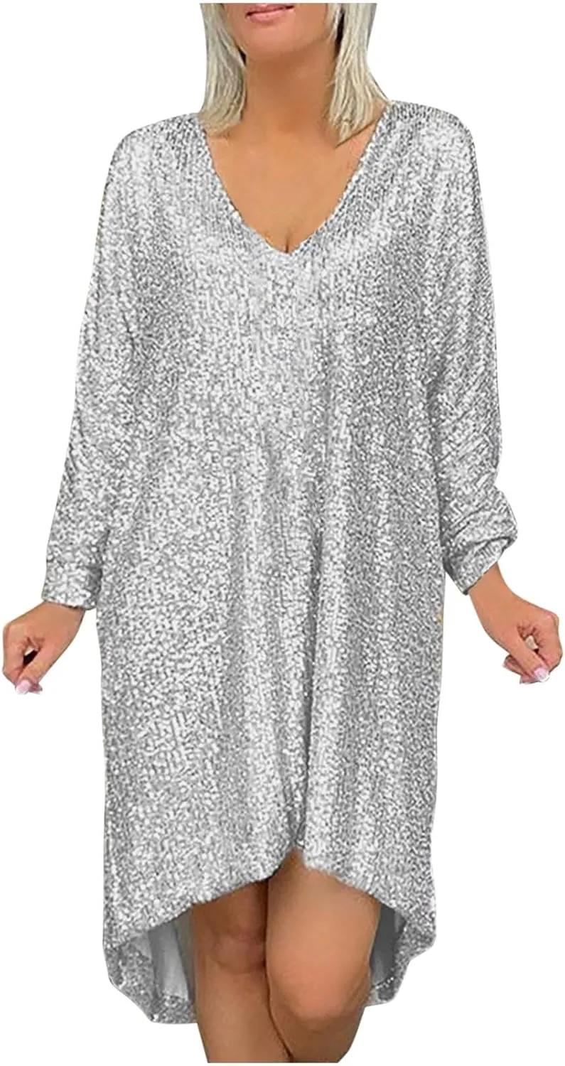 Plus Size Sequin Dress for Women Oversized Flowy Sparkly Knee Shirt Dress Glitter Ball Party Night Concert Clubwear