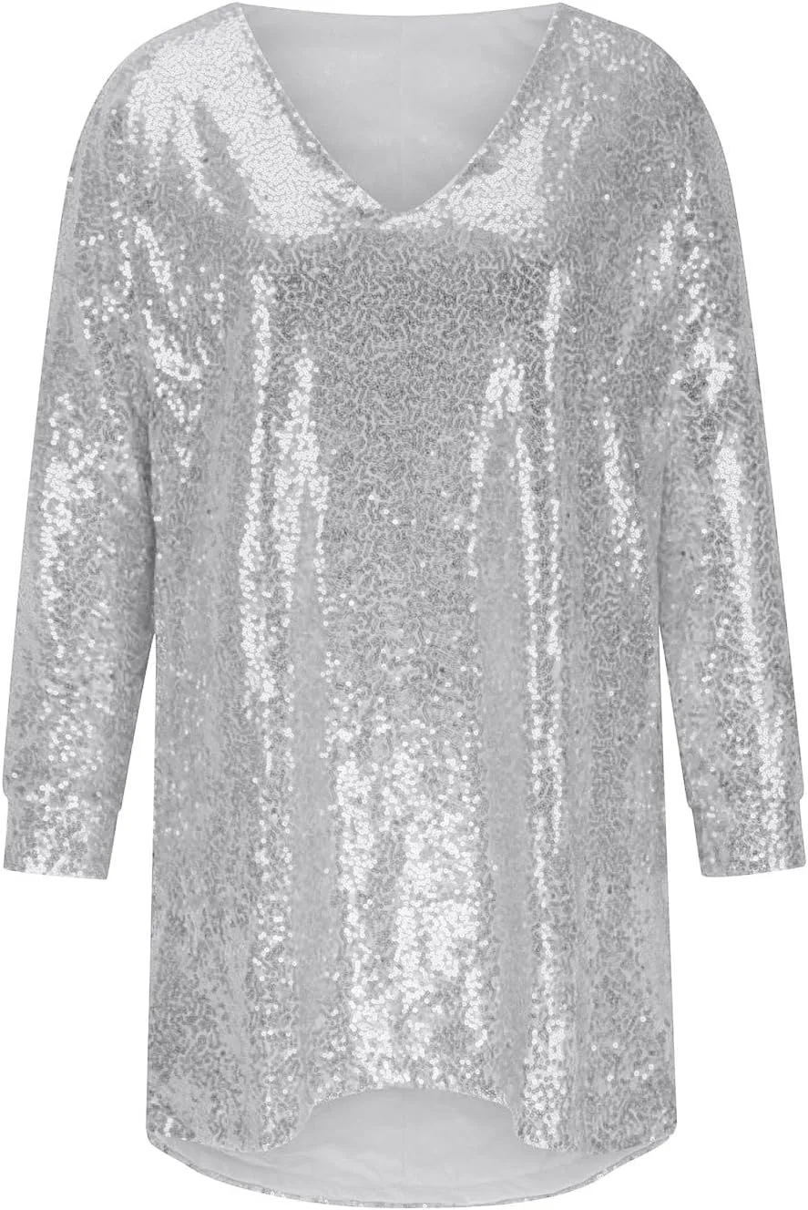Plus Size Sequin Dress for Women Oversized Flowy Sparkly Knee Shirt Dress Glitter Ball Party Night Concert Clubwear