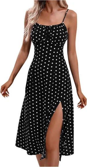 Polka Dot Dresses for Women Spaghetti Strap Sundress Summer Slim Fit Side Slit Midi Dress Sexy A Line Beach Sundress