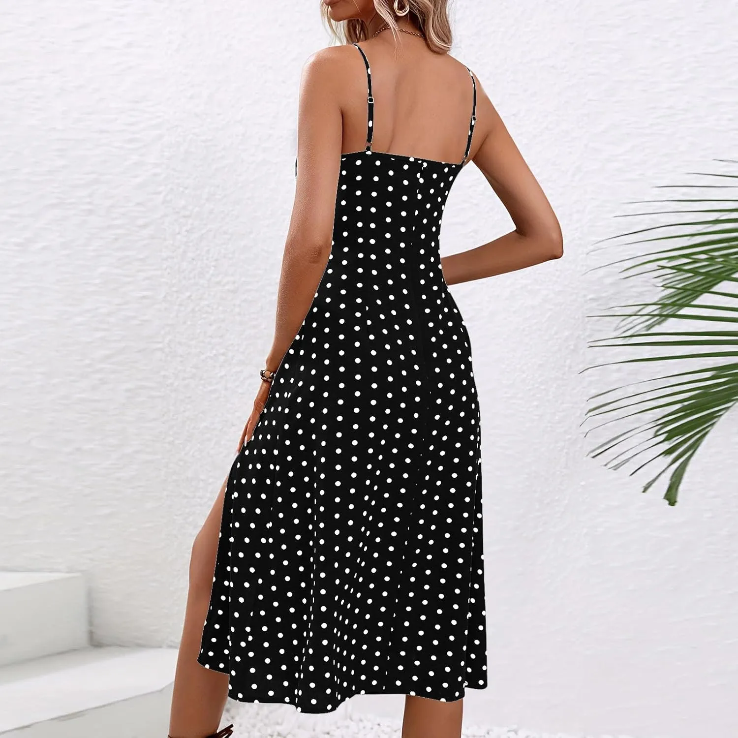 Polka Dot Dresses for Women Spaghetti Strap Sundress Summer Slim Fit Side Slit Midi Dress Sexy A Line Beach Sundress