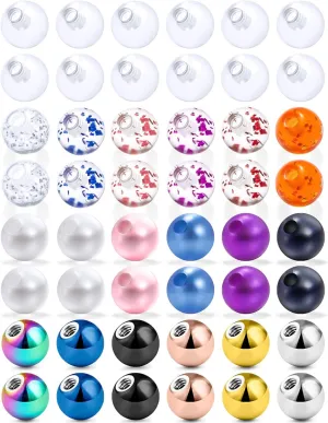 Prjndjw 48PCS 14G/16G 5mm Stainless Steel & Glitter Acrylic & Clear Acrylic & Pearl Replacement Balls Body Jewelry Piercing Barbell Parts Balls for Women Men