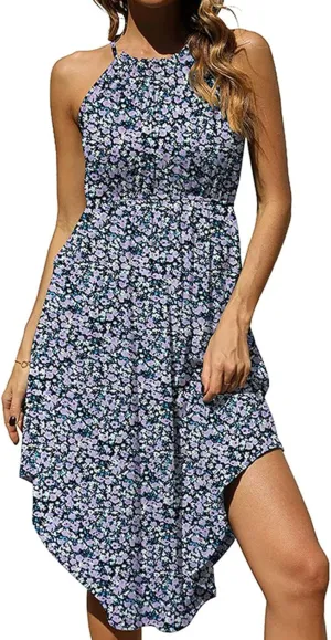 Qeaghou Women's Summer Sundress Sexy Sleeveless Halter Neck Boho Dress Cute Polka Dot High Side Ruffle Midi Dresses 2024