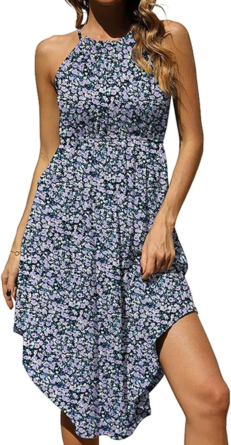 Qeaghou Women's Summer Sundress Sexy Sleeveless Halter Neck Boho Dress Cute Polka Dot High Side Ruffle Midi Dresses 2024