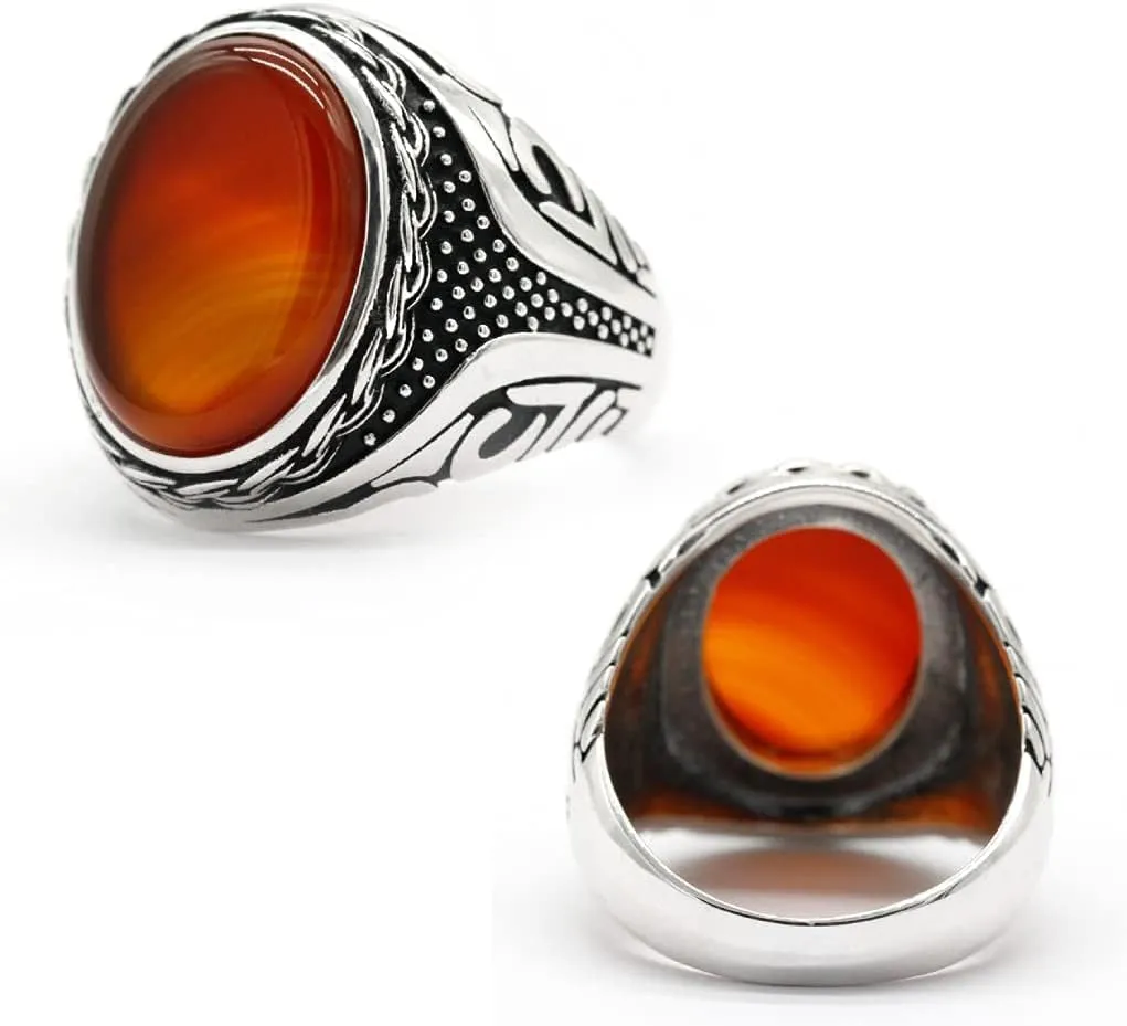 Qida S925 Sterling Silver Agate Stone Ring for Men Turkish Handmade Oval Agate Jewelry Luxury Ring