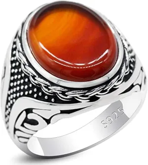 Qida S925 Sterling Silver Agate Stone Ring for Men Turkish Handmade Oval Agate Jewelry Luxury Ring