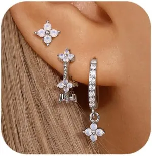 QUINBY Dainty Opal Earrings Dangle Hoop Earrings For Women,Hypoallergenic Earring Sets For Multiple Piercing,14k Gold Plated Earring Stacks For Sensitive Ears