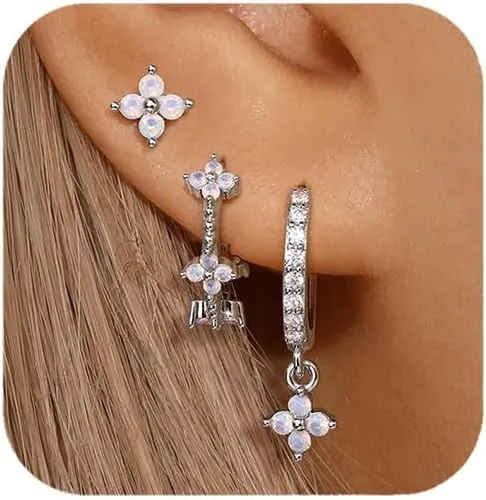 QUINBY Dainty Opal Earrings Dangle Hoop Earrings For Women,Hypoallergenic Earring Sets For Multiple Piercing,14k Gold Plated Earring Stacks For Sensitive Ears