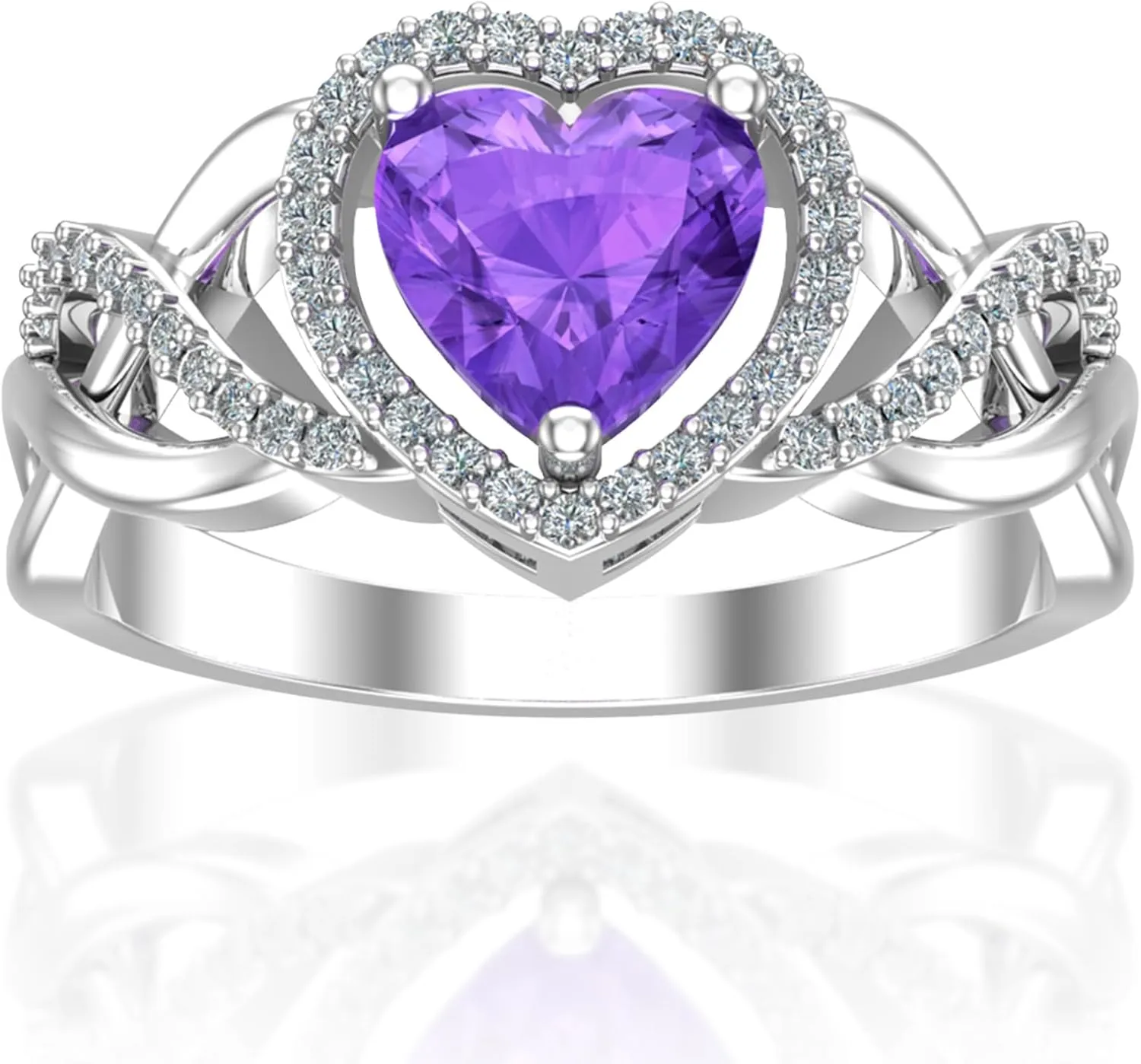 Real 925 Sterling Silver Rhodium Plated 7mm Heart Shaped Halo Birthstone 1.17 carats Solitaire Gemstone Luxury Jewelry Band Bridal Engagement Wedding Ring Gift for Women