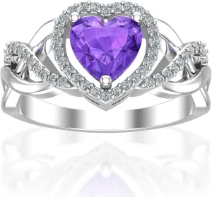 Real 925 Sterling Silver Rhodium Plated 7mm Heart Shaped Halo Birthstone 1.17 carats Solitaire Gemstone Luxury Jewelry Band Bridal Engagement Wedding Ring Gift for Women