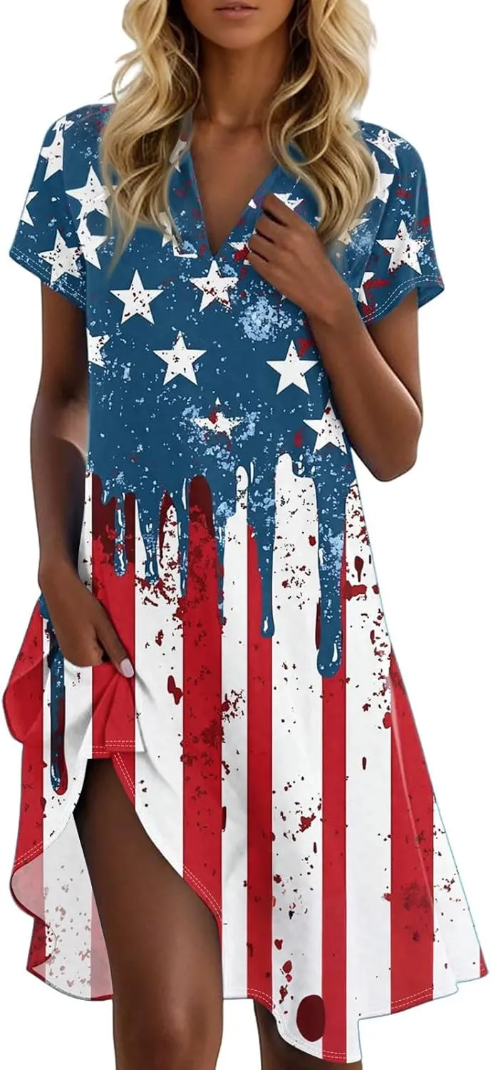 Red White and Blue Summer Dress for Women 4Th of July Tshirt Dress Midi Short Sleeve Collared V Neck A Line Dresses