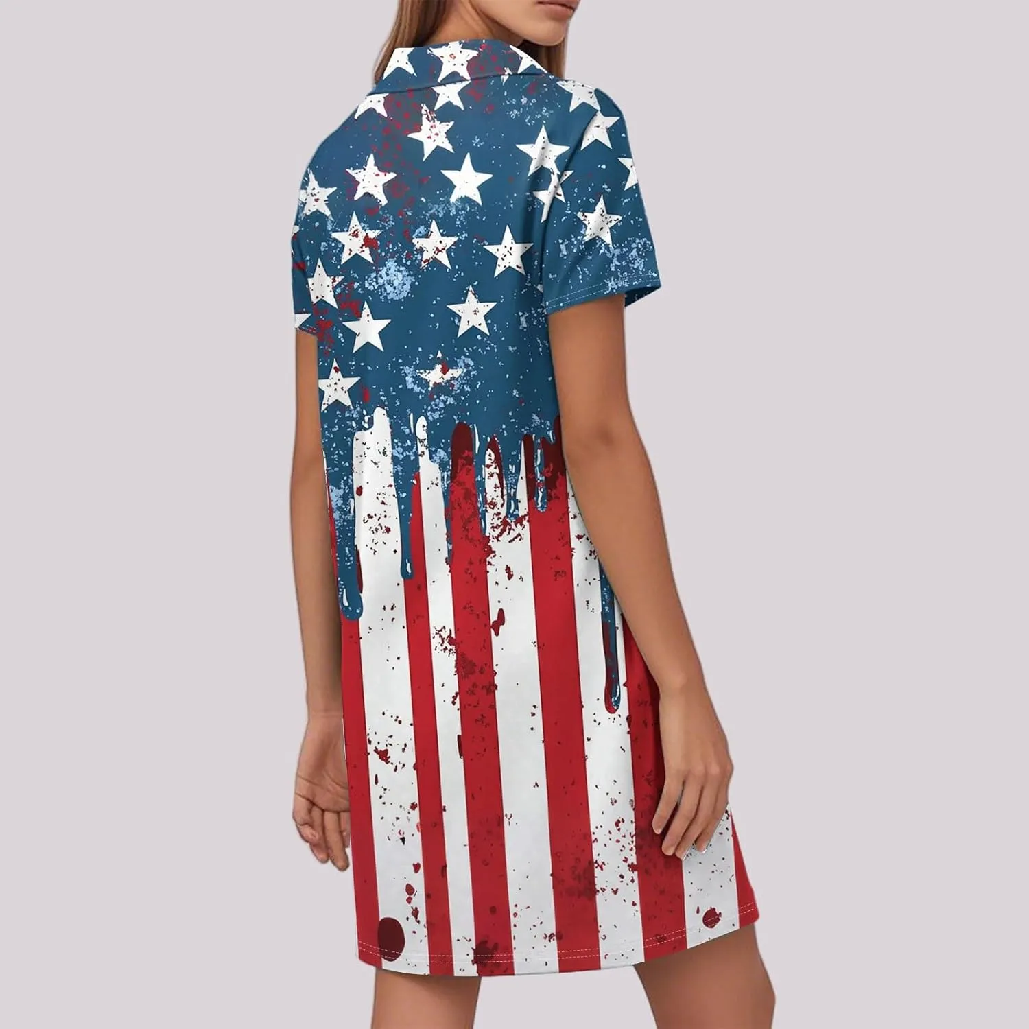 Red White and Blue Summer Dress for Women 4Th of July Tshirt Dress Midi Short Sleeve Collared V Neck A Line Dresses