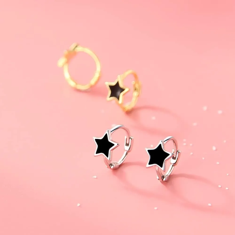 Reffeer Solid 925 Sterling Silver Black Star Huggie Earrings Hoops for Women Teens Small Star Hoop Earrings Cartilage Helix Earrings