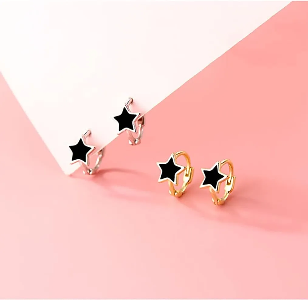 Reffeer Solid 925 Sterling Silver Black Star Huggie Earrings Hoops for Women Teens Small Star Hoop Earrings Cartilage Helix Earrings