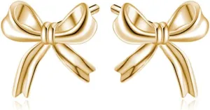 Reffeer Solid 925 Sterling Silver Bow Stud Earrings for Women Teens Small Ribbon Stud Earrings Bowknot