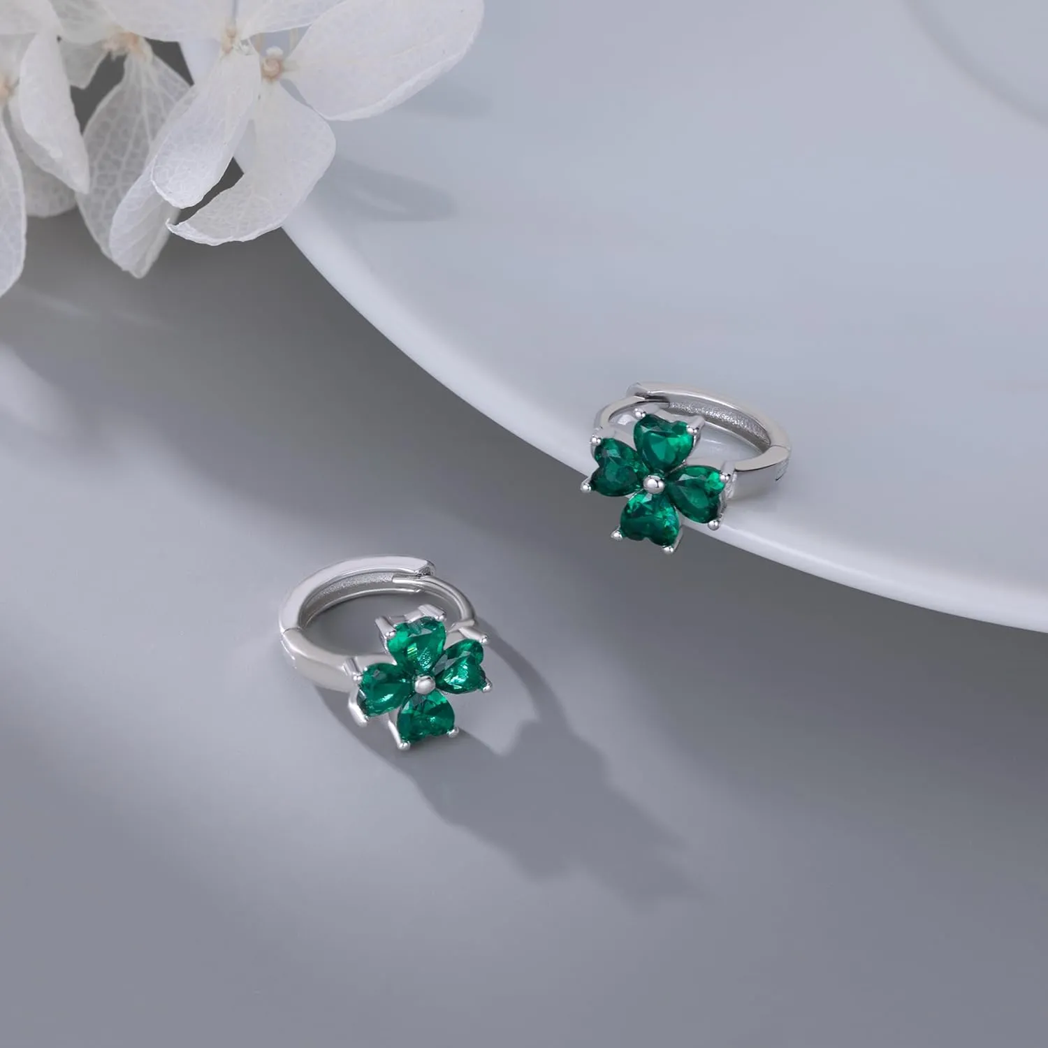 Reffeer Solid 925 Sterling Silver CZ Leaf Hoop Earrings Clover for Women Teens Shamrock Earrings Hoops Clover Leaves