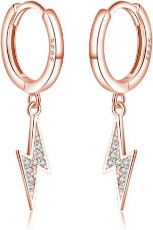 Reffeer Solid 925 Sterling Silver Lightning Bolt Drop Hoop Earrings for Women Teens CZ Lightning Bolt Hoop Earrings Huggie