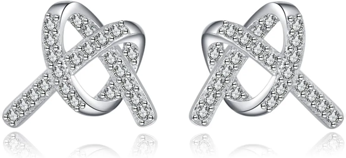 Reffeer Solid 925 Sterling Silver Love Knot Stud Earrings for Women Teens CZ Heart Knot Stud Earrings Mother's Day
