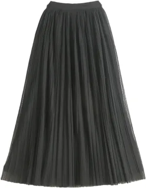 Reversible Tulle Midi Long Skirt Women Summer Solid High Waist Pleated Mid-Length Skirt Female