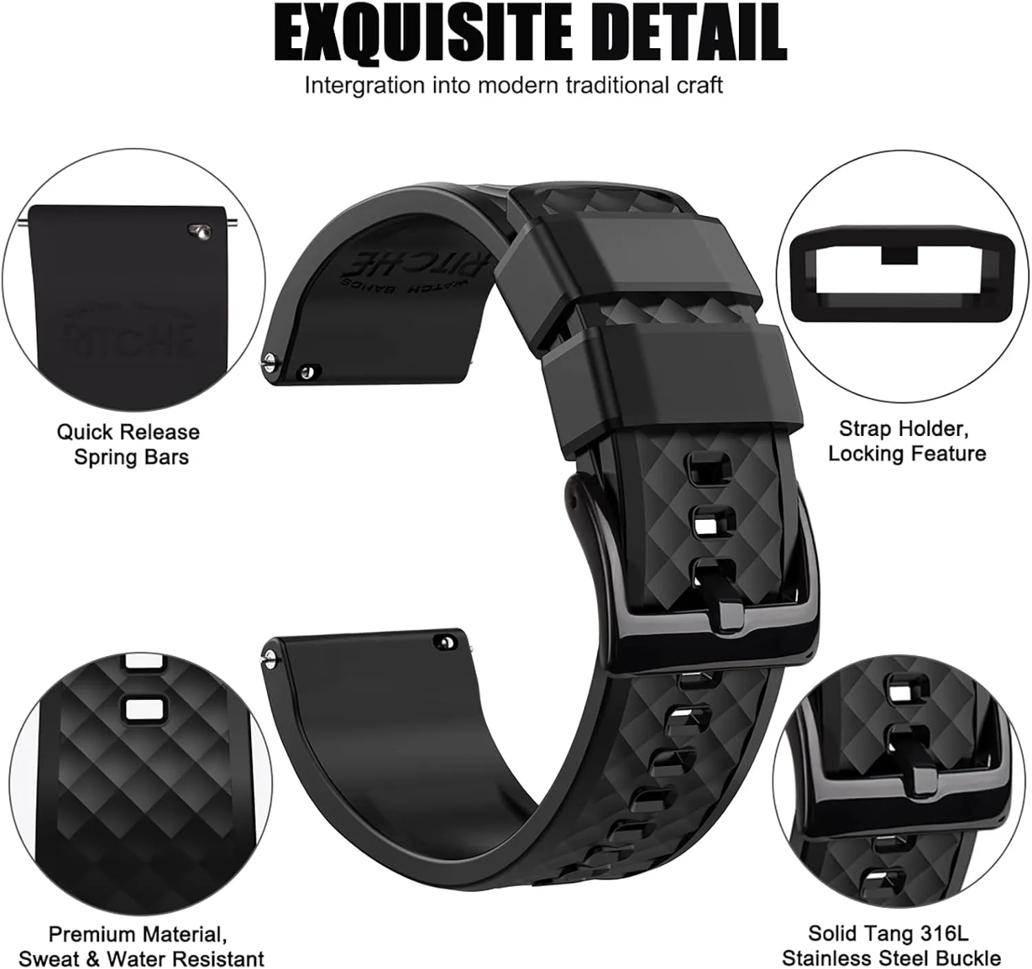 Ritche Christmas Gift Silicone Watch Bands 18mm 20mm 22mm 24mm Quick Release Rubber Watch Bands for Men, White Elephant Gifts, Stocking Stuffers For Men