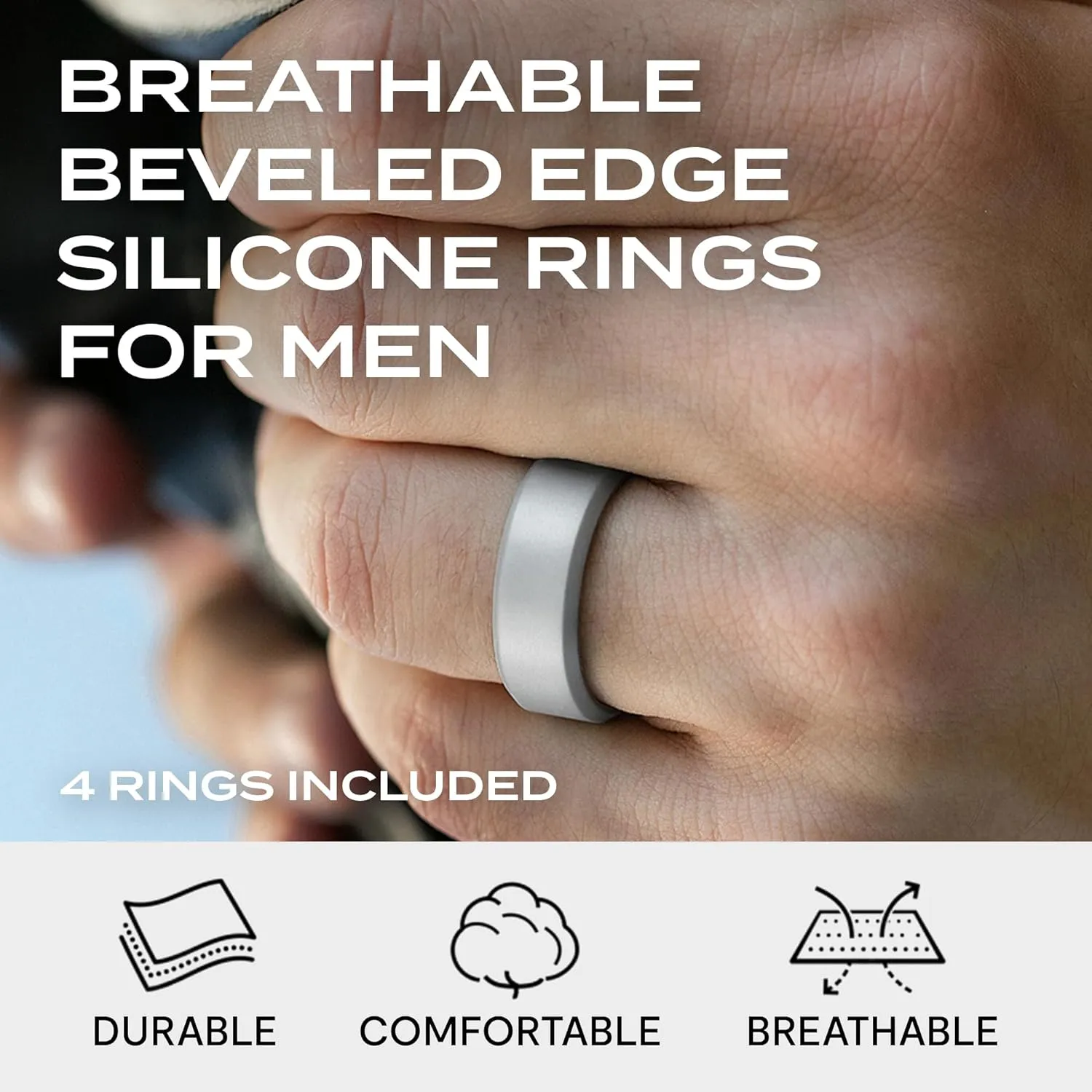 ROQ Men's Silicone Rings, Single Beveled Edge - Mens Silicone Wedding Band & Rubber Engagement Ring for Men - Breathable Comfort Fit Silicone Rings for Him