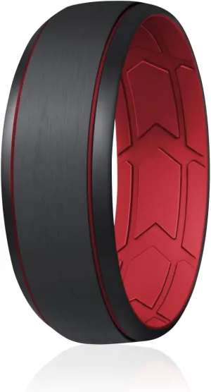 ROQ Silicone Rubber Wedding Ring for Men, Comfort Fit, Men's Wedding Band, Durable Rubber Engagement Band, Enhanced Breathability, Inner Arrow Grooves, 8mm Wide 2mm Thick, Single, Red & Black, Size 8