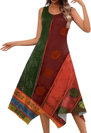 Round Neck Dress Womens Casual Sleeveless Fashion Floral Print Women's Irregular Hem Loose Weekend 2024 Midi Dress