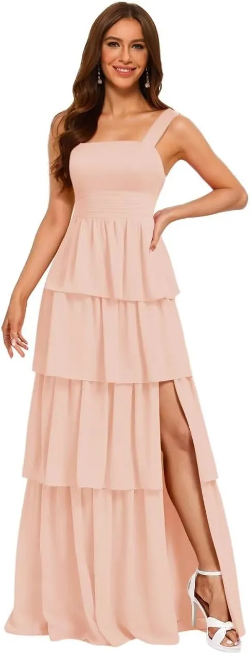 RSOETOO Tiered Ruffles Bridesmaid Dresses 2025 Long for Women Chiffon Formal Evening Dresses RO074