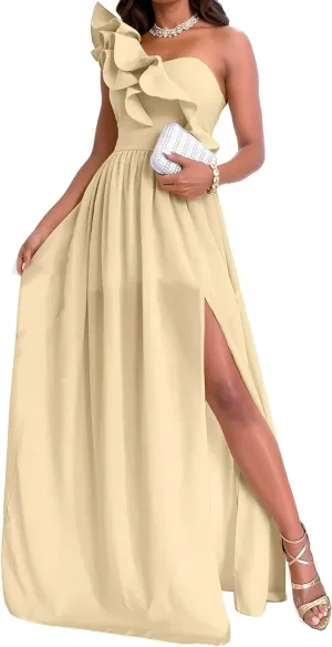 Ruffles One Shoulder Bridesmaid Dresses with Slit Flowy Chiffon A-Line Ball Gowns Sleeveless Prom Wedding Guest Dress DR0541