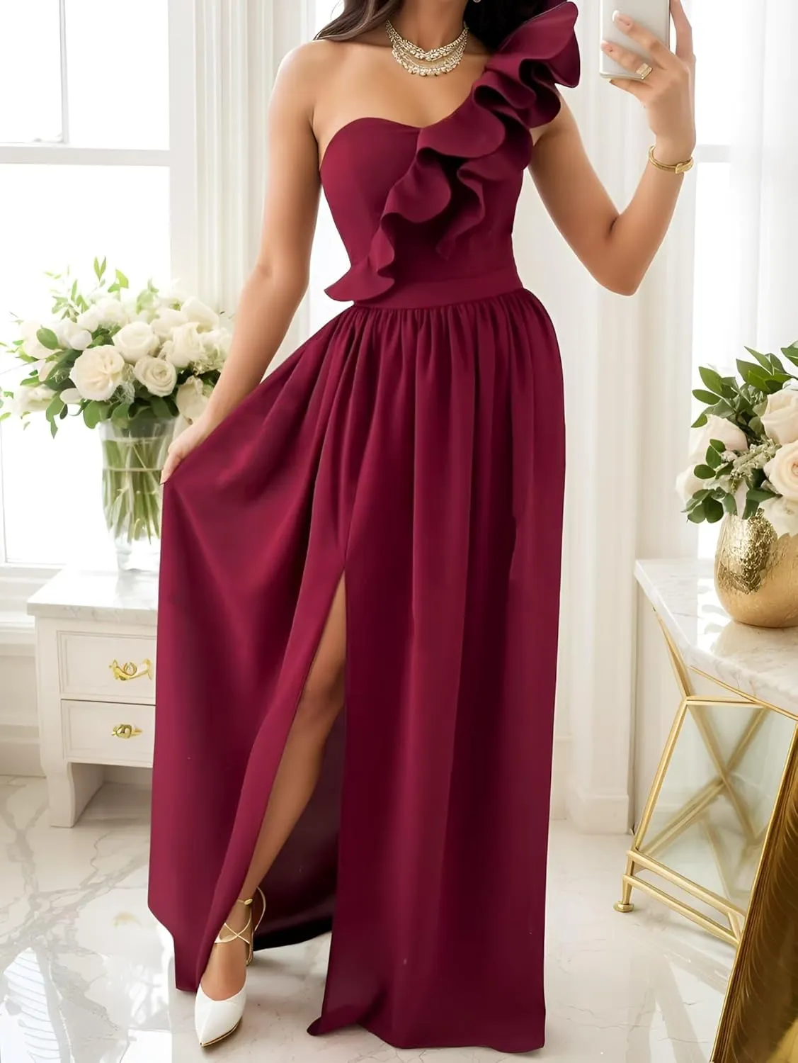 Ruffles One Shoulder Bridesmaid Dresses with Slit Flowy Chiffon A-Line Ball Gowns Sleeveless Prom Wedding Guest Dress DR0541