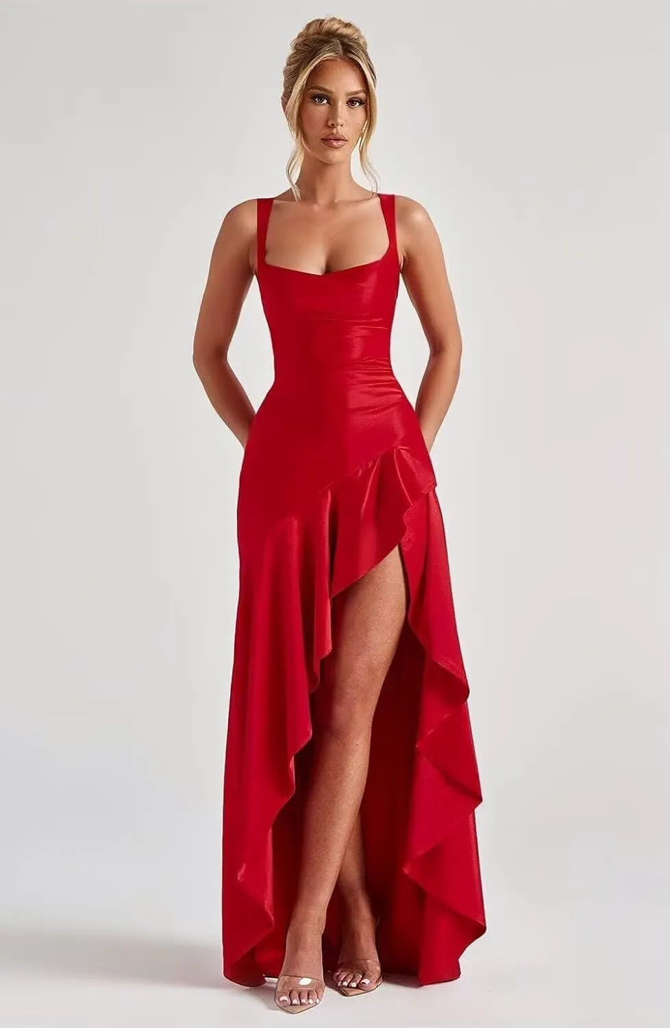 Ruffles Prom Dresses 2025 Satin High Low Satin Bridesmaid Dresses for Women IMC069