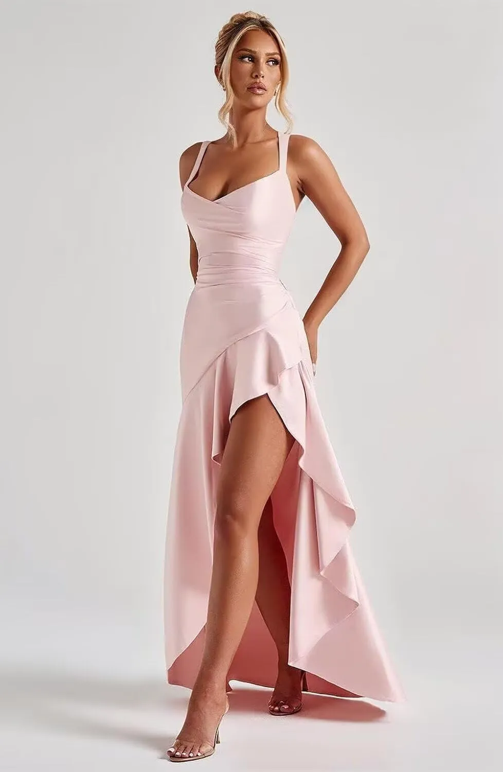 Ruffles Prom Dresses 2025 Satin High Low Satin Bridesmaid Dresses for Women IMC069