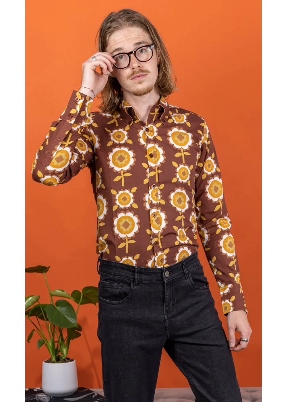 Run & Fly Mens Retro Floral 70's Shirt Brown