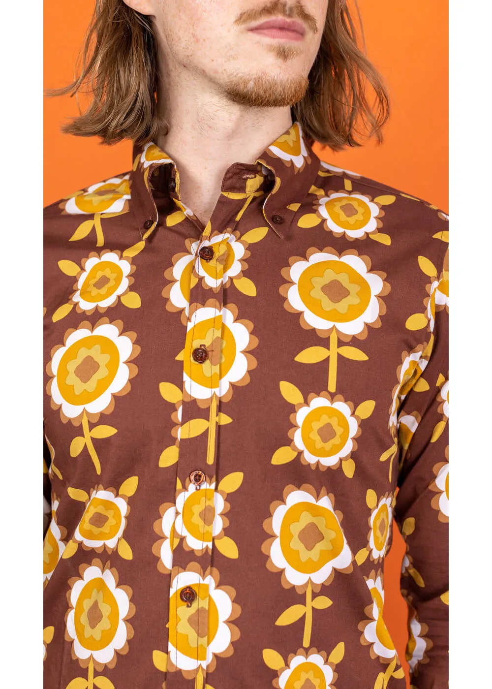 Run & Fly Mens Retro Floral 70's Shirt Brown