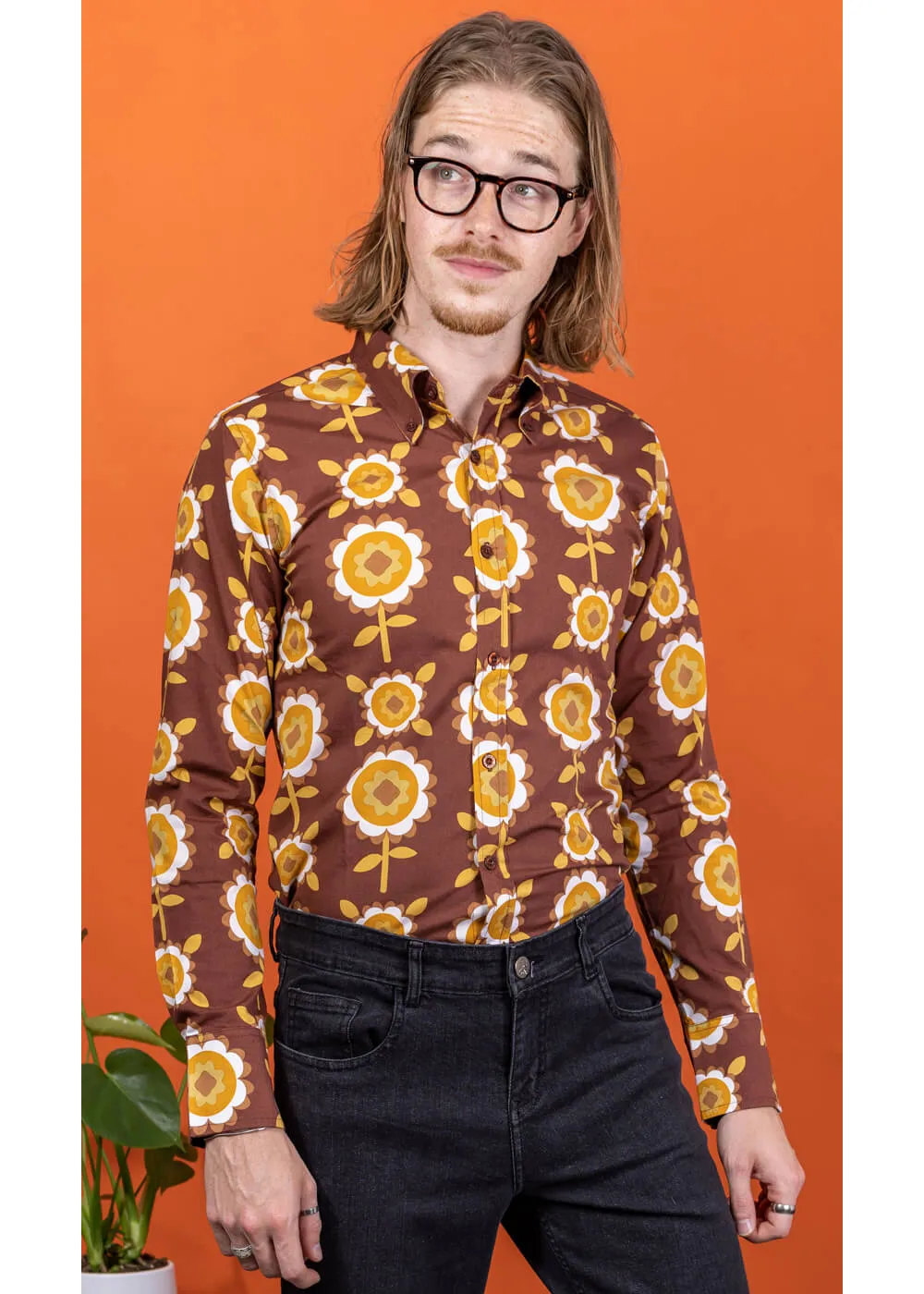 Run & Fly Mens Retro Floral 70's Shirt Brown