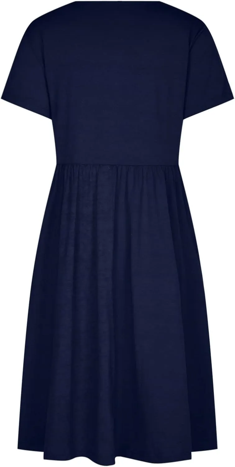 Ruziyoog Women's Casual Plain T-Shirt Dress Summer Dressy Crew Neck Short Sleeve Pleated Dresses Loose Pocket Midi Dress