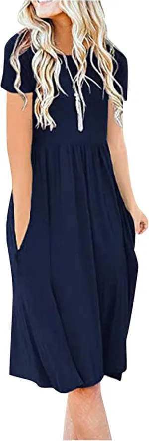 Ruziyoog Women's Casual Plain T-Shirt Dress Summer Dressy Crew Neck Short Sleeve Pleated Dresses Loose Pocket Midi Dress
