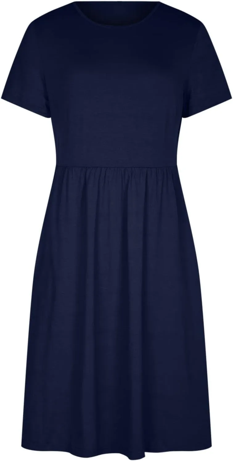 Ruziyoog Women's Casual Plain T-Shirt Dress Summer Dressy Crew Neck Short Sleeve Pleated Dresses Loose Pocket Midi Dress