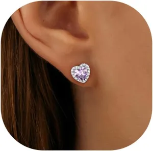 S925 Sterling Silver Birthstone Earrings for Women Girls, Heart Shaped Stud Earrings with Cubic Zirconia, Birthday Jewelry, Valentines Mothers Day Christmas Gifts for Her Wife Mom Grandma