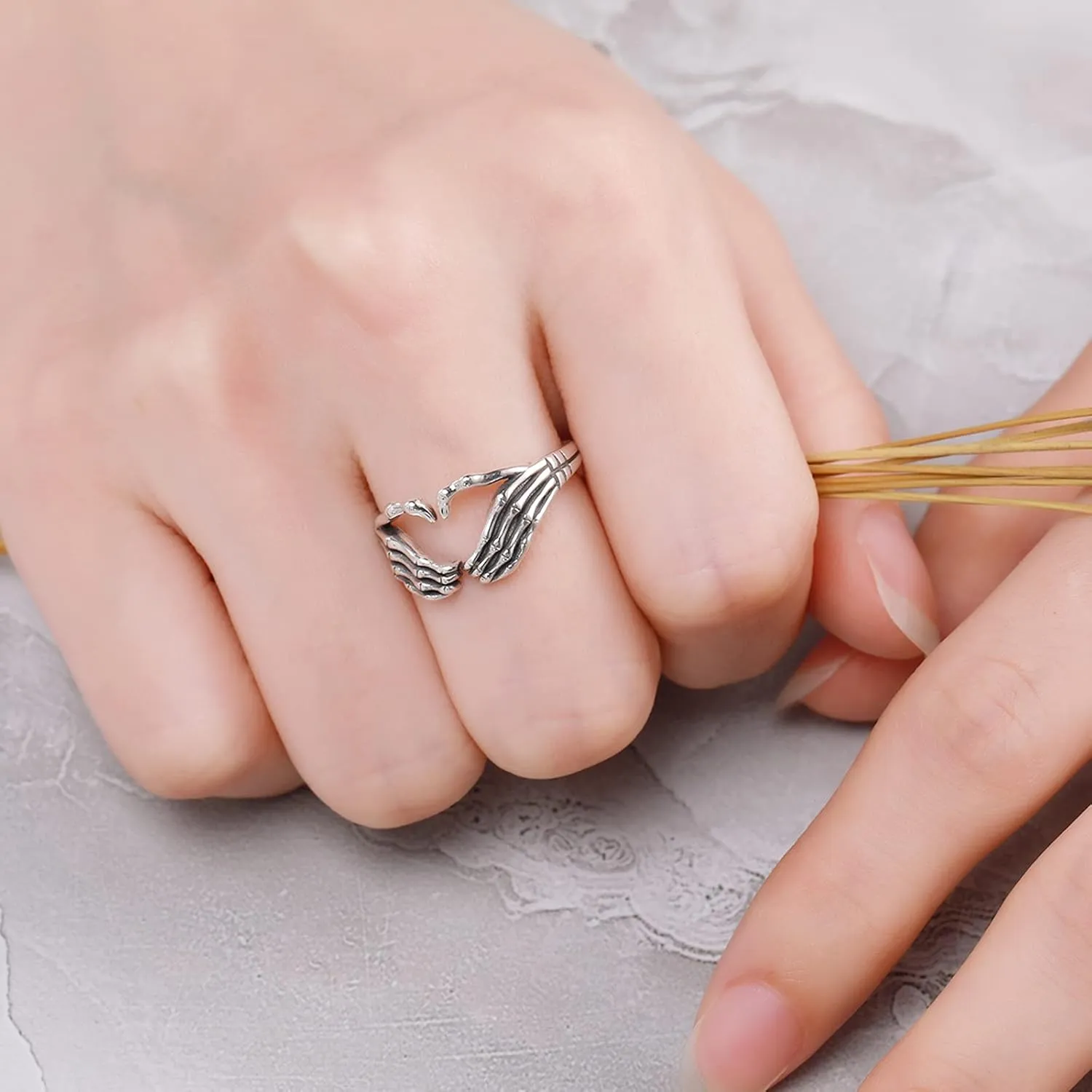 S925 Sterling Silver Heart Skull Hand Hug Ring for Women Men Son Adjustable Vintage Skeleton Hand Hip Hop Ring Retro Punk Gothic Statement Friendship Ring Jewelry Birthday Gifts for Her
