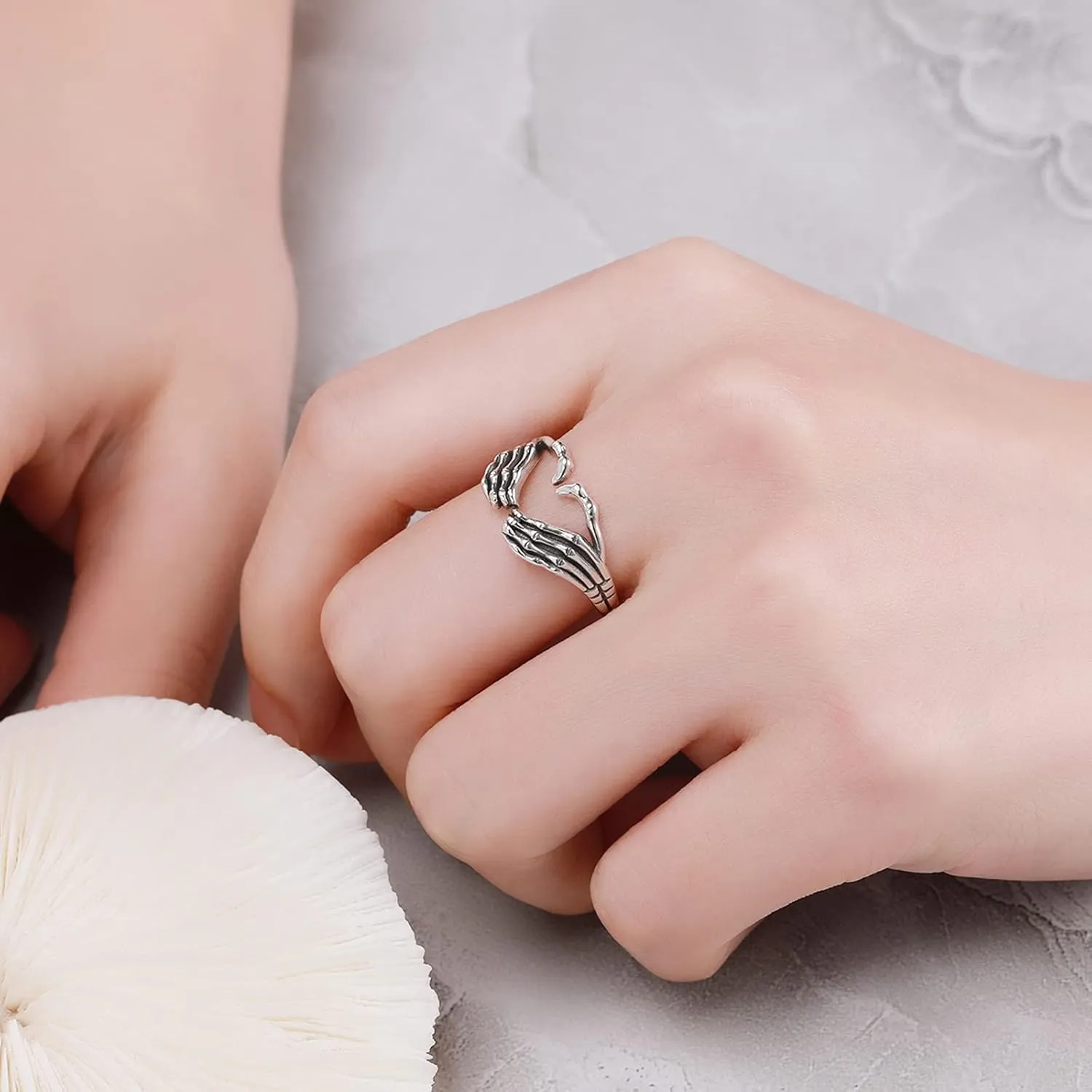 S925 Sterling Silver Heart Skull Hand Hug Ring for Women Men Son Adjustable Vintage Skeleton Hand Hip Hop Ring Retro Punk Gothic Statement Friendship Ring Jewelry Birthday Gifts for Her
