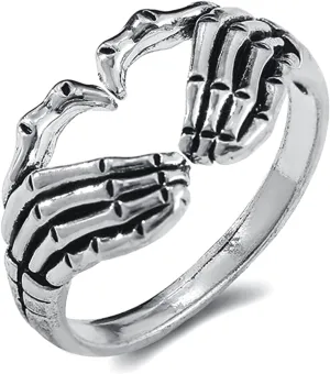 S925 Sterling Silver Heart Skull Hand Hug Ring for Women Men Son Adjustable Vintage Skeleton Hand Hip Hop Ring Retro Punk Gothic Statement Friendship Ring Jewelry Birthday Gifts for Her
