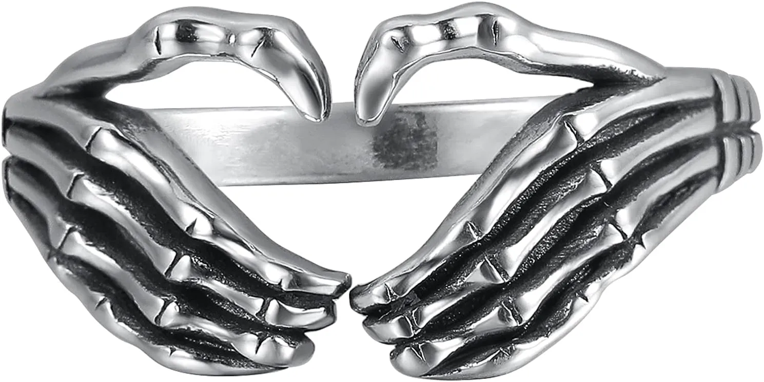 S925 Sterling Silver Heart Skull Hand Hug Ring for Women Men Son Adjustable Vintage Skeleton Hand Hip Hop Ring Retro Punk Gothic Statement Friendship Ring Jewelry Birthday Gifts for Her